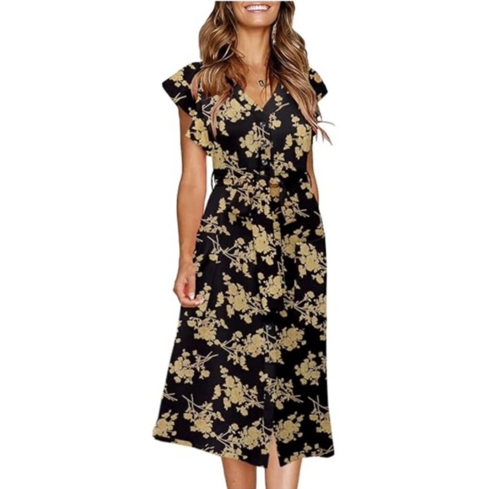 Black & Gold Floral Midi Dress – Flutter Sleeve, Button Front, Tie Back Size M